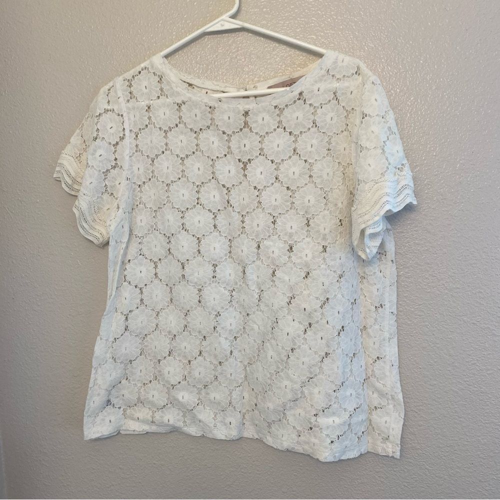 LOFT white lace crochet semi sheer crewneck blouse 
top cotton nylon beachy M